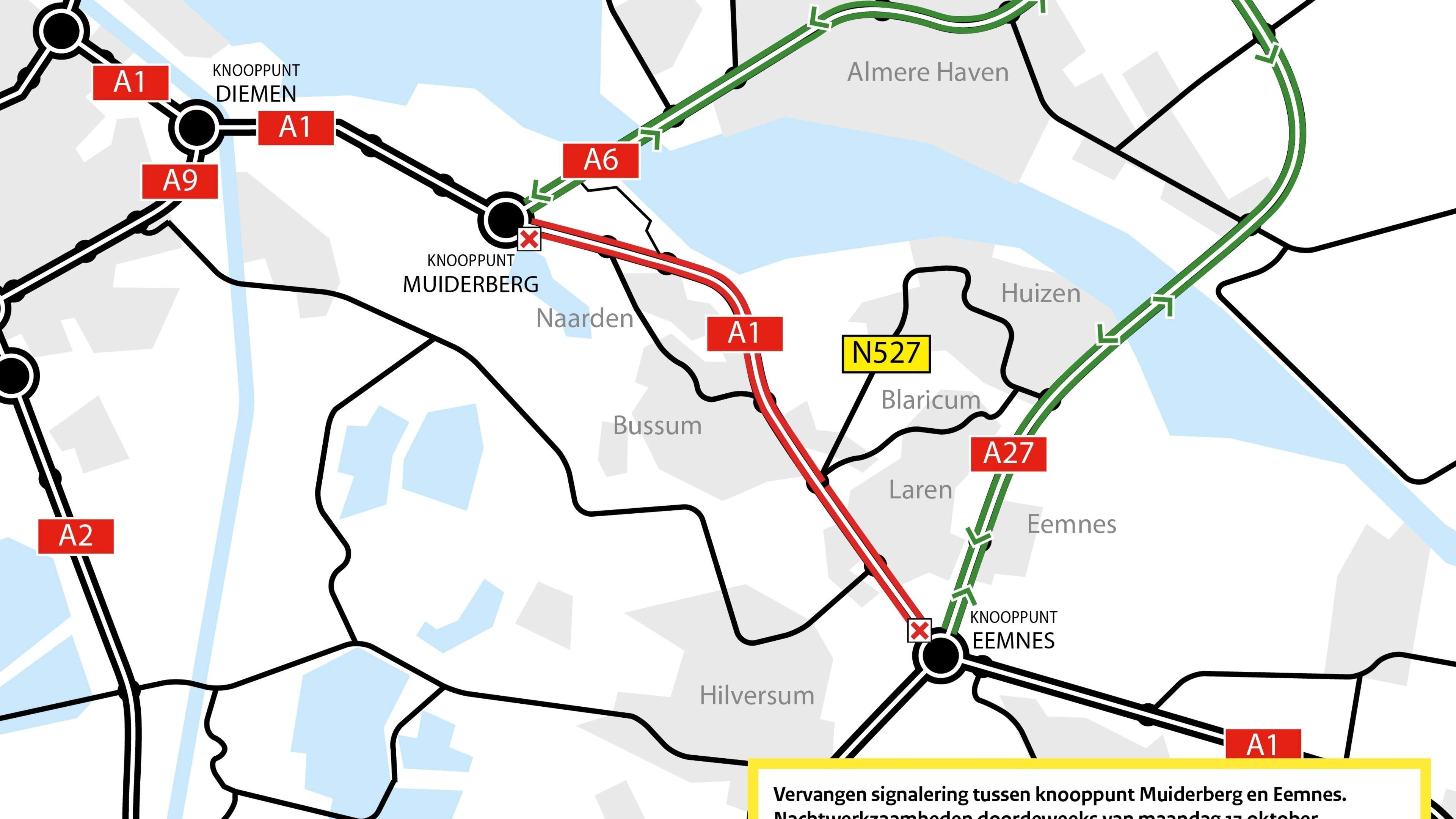 Snelweg A1 doordeweeks wekenlang ’s nachts dicht vanwege werkzaamheden